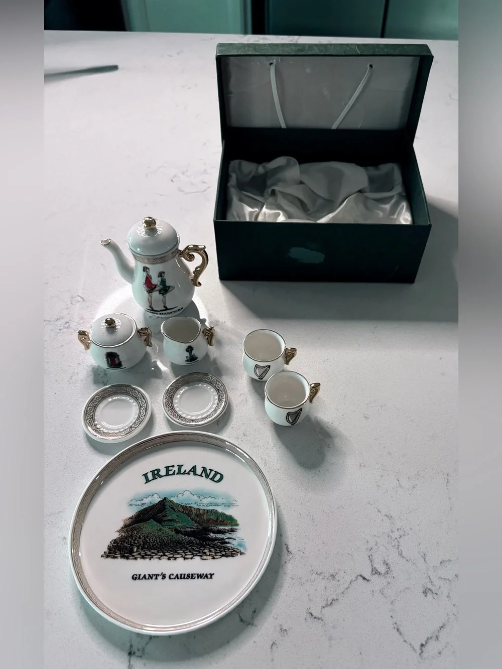 Iconic Ireland Irish Dancers White Porcelain Miniature Tea Set handpainted